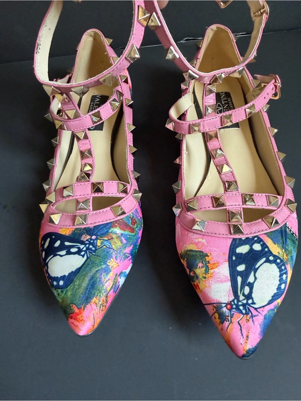 Rock star Studded Pink Butterfly Pointed Flats - Picture 3 of 5